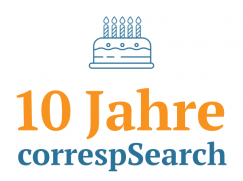 Bildtext "10 Jahre correspSearch" mit einer Geburtstagstorte als Strichgrafik