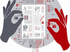 Logo „Doing DH": Zwei Hände, eine dunkelgraue links und eine rote rechts, halten mit Steckern eine aufgeschlagene Buchseite vor einem grauen Kreis. Auf der Seite sind Symbole der Geisteswissenschaften zu sehen: eine verzierte Initiale, eine antike Büste, Handschrift mit Feder und Tintenfass, Theatermasken, ein Globus, eine Kathedrale und ein Bücherstapel. Von der Seite gehen Leiterbahnen mit Binärzahlen aus. Darunter steht der Schriftzug „DOING DH", „DOING" in Dunkelgrau, „DH" in Rot.